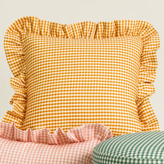 Load image into Gallery viewer, 45cm x 45cm Ruffle Cushion - Sweet Painted Gingham, Marigold