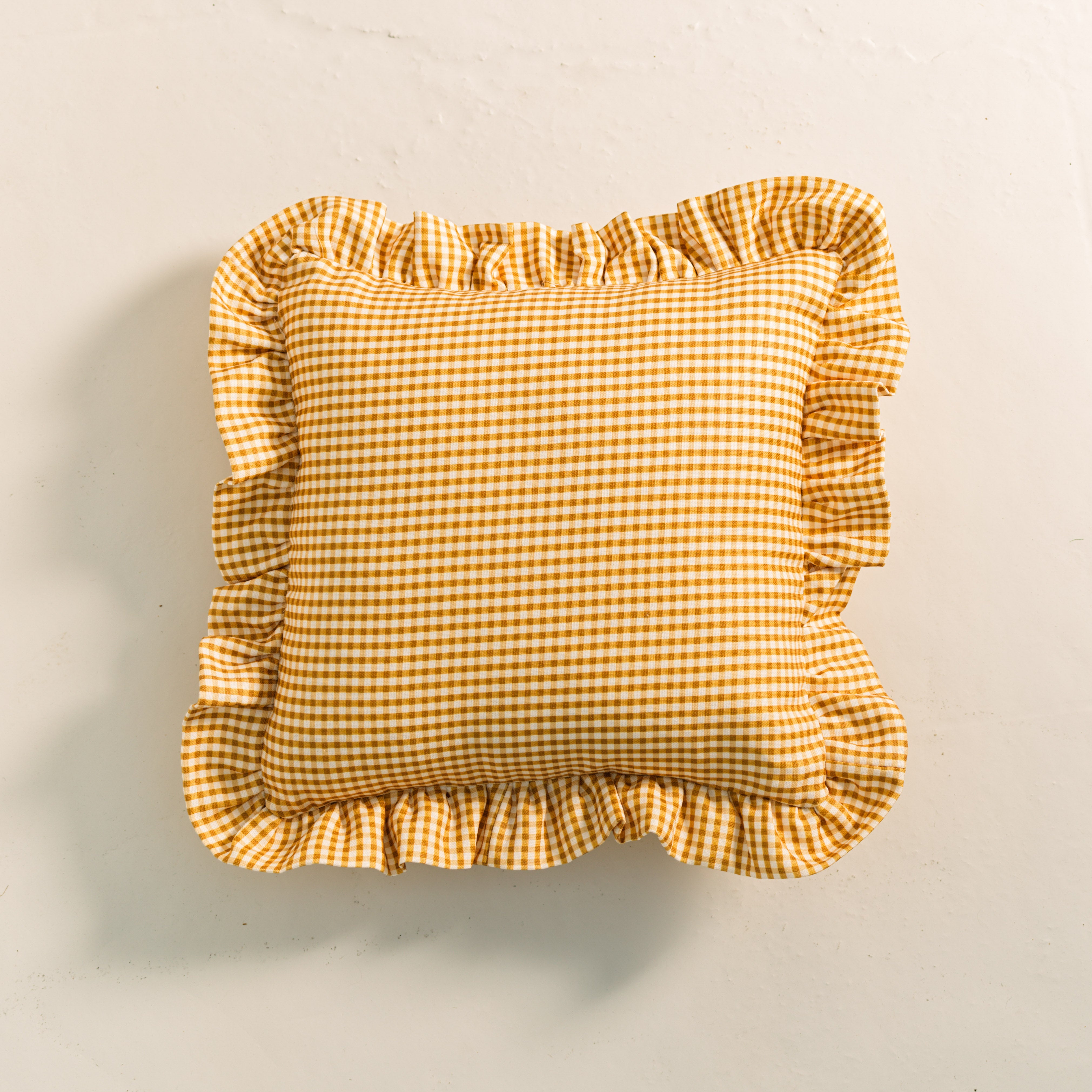 45cm x 45cm Ruffle Cushion - Sweet Painted Gingham, Marigold