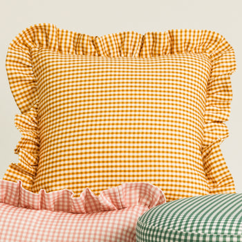 Load image into Gallery viewer, 45cm x 45cm Ruffle Cushion - Sweet Painted Gingham, Marigold
